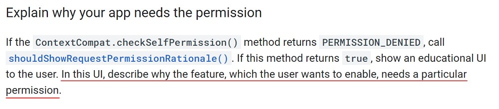 Android Developers Guides: Request App Permissions - Explain why your app needs permission section