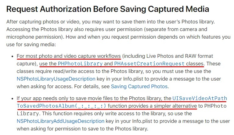 Apple Developer Documentation: Requesting Authorization for Media Capture - Request Authorization Before Saving Captured Media section