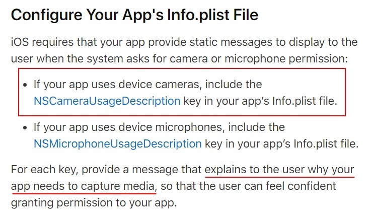 Apple Developer Documentation: Requesting Authorization for Media Capture - Configure App Info plist File section