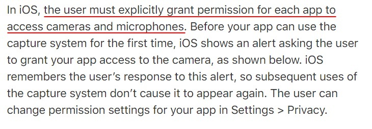 Apple Developer Documentation: Requesting Authorization for Media Capture - Explicit user permission section