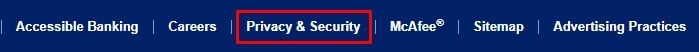 Bank of America website footer with Privacy and Security link highlighted