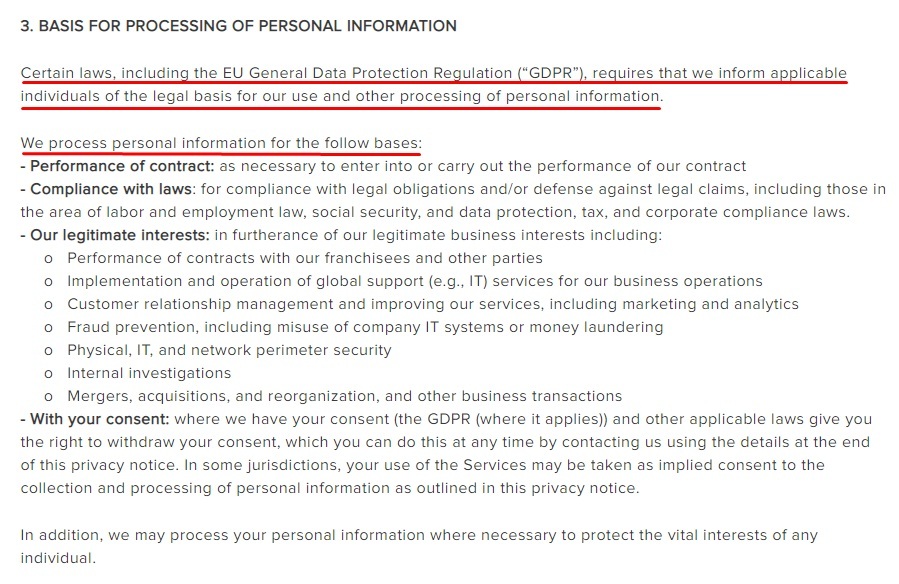 Berkshire Hathaway Privacy Policy: Basis for Processing of Personal Information clause