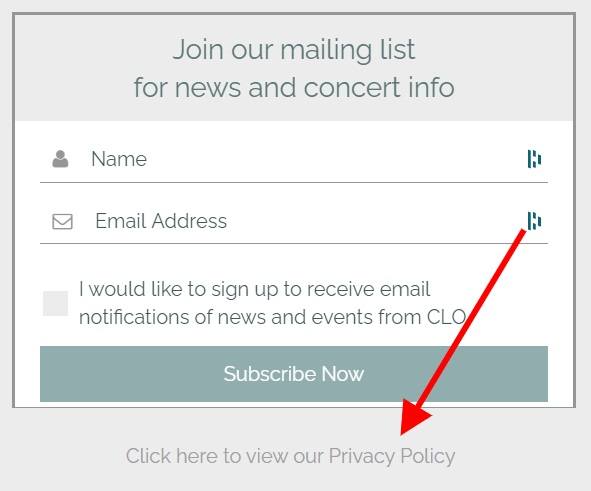 Central London Orchestra mailing list subscribe form with Privacy Policy link highlighted