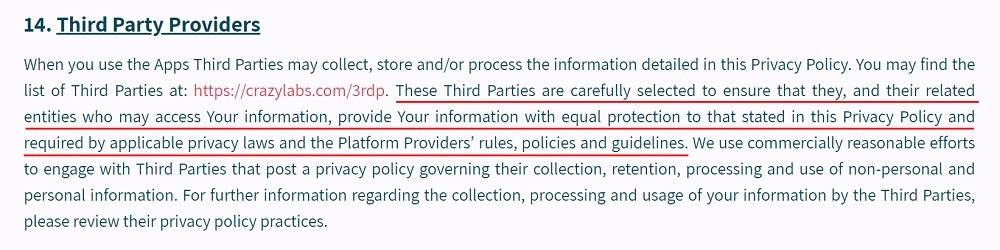 Crazy Labs Apps Privacy Policy: Third Party Providers clause