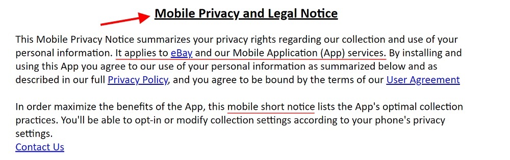 eBay Mobile Privacy and Legal Notice - Intro section