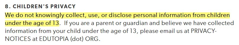 Edutopia Privacy Policy: Childrens clause