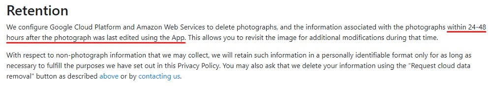 FaceApp Privacy Policy: Retention clause