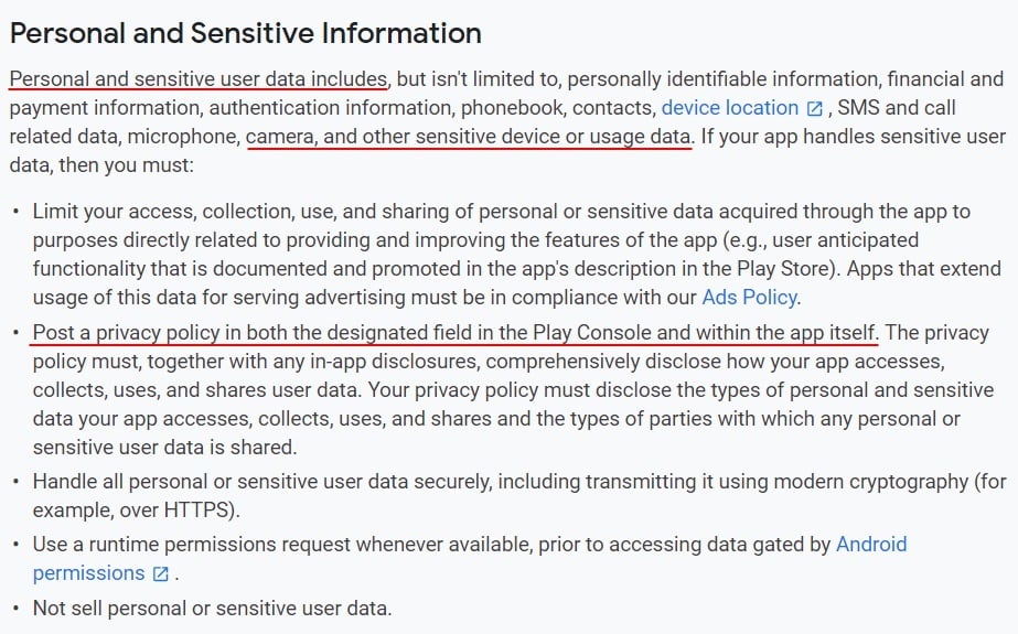 Google Play Console Help: User Data - Personal and Sensitive Information section