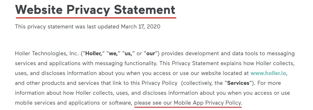 Holler Website Privacy Statement: Intro clause with Mobile App Privacy Policy highlighted