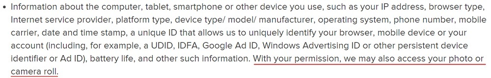 Life360 Privacy Policy: Information we collect automatically through the use of technology clause - Photo and camera roll section highlighted