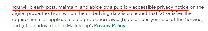 Mailchimp Terms of Use: Privacy Notice Requirement clause