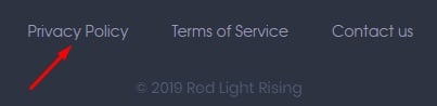 Red Light Rising website footer with Privacy Policy link highlighted