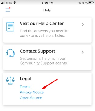 Ring app Help menu with Privacy Notice highlighted