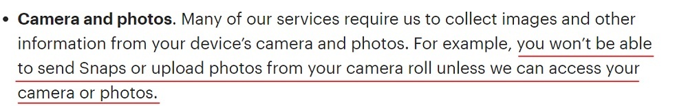 Snap Privacy Policy: Information we collect - Camera and photos - use and access explained