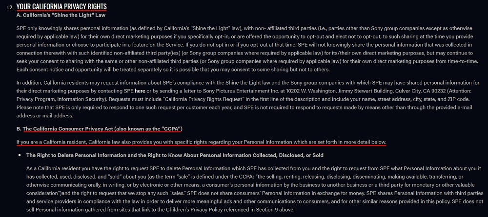 Sony Pictures Privacy Policy: California Privacy Rights clause