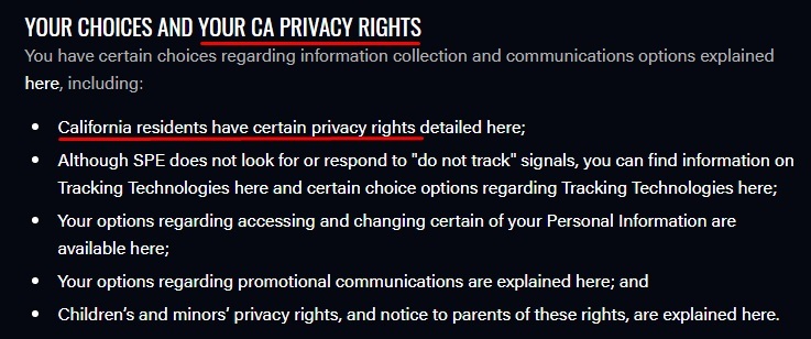 Sony Pictures Privacy Policy: Overview section - California Privacy Rights and Choices