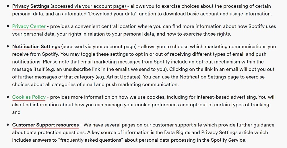 Spotify Privacy Policy: Your rights and preferences: Giving you choice and control clause excerpt - Resources section