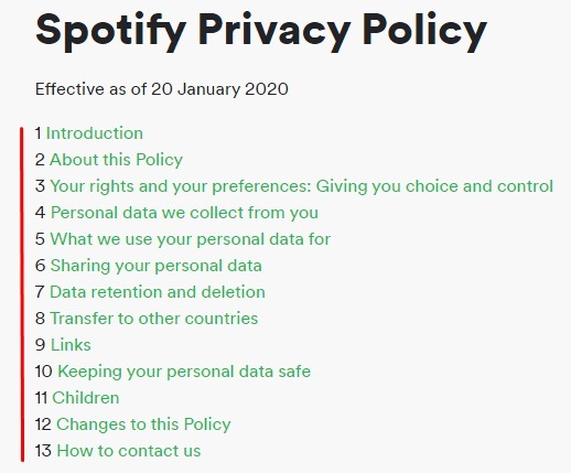 Spotify Privacy Policy Table of Contents updated