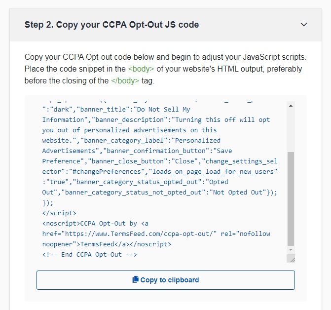 TermsFeed Free Tools: CCPA Opt-Out - Copy Your CCPA Opt-Out JS code - step 3