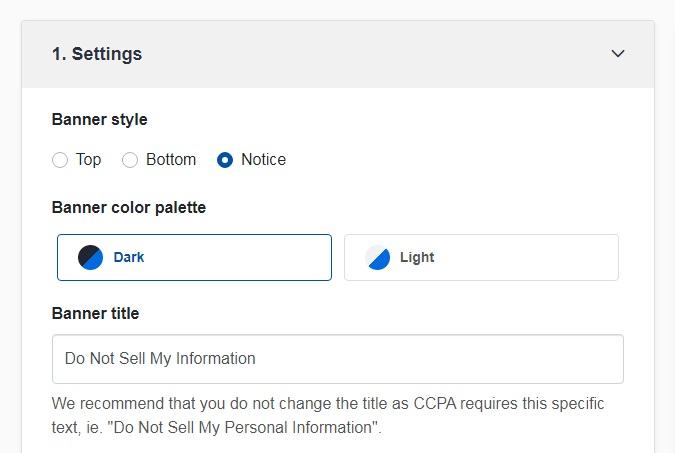 TermsFeed Free Tools: CCPA Opt-Out - Settings - step 1