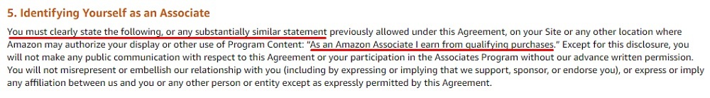 Amazon Associates Operating Agreement: Identifying Yourself as an Associate - Disclaimer requirement highlighted