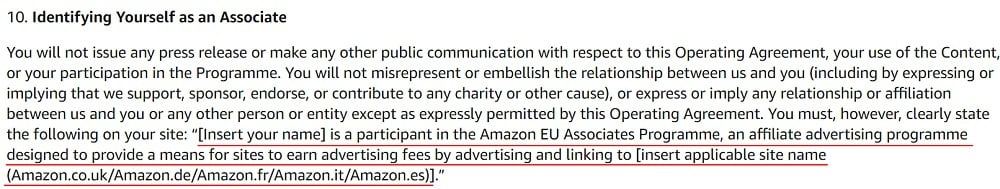 Amazon EU Associates Programme Operating Agreement: Identifying Yourself as an Associate clause - Disclaimer requirement highlighted