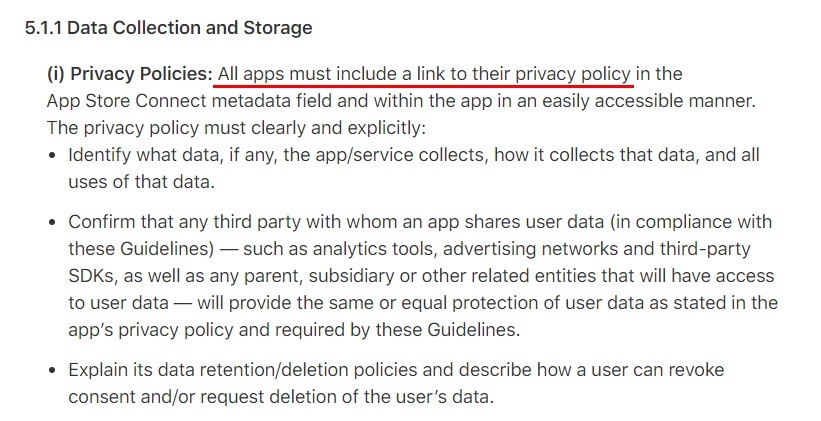 Apple App Store Review Guidelines: Data Collection and Storage section - Privacy Policy Link required section highlighted