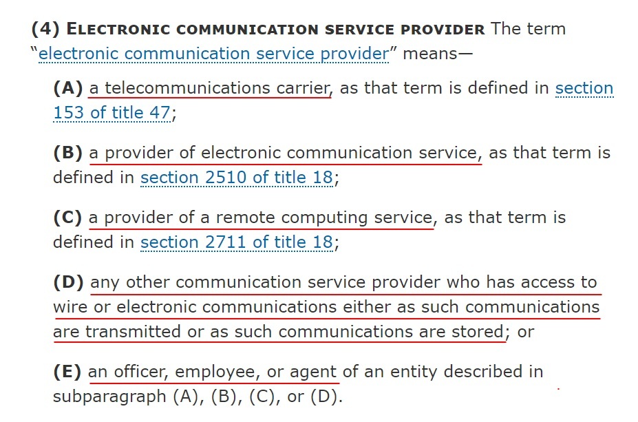 Cornell Law School LII: 50 U.S. Code Section 1881 Definitions - Definition of Electronic Communication Service Provider