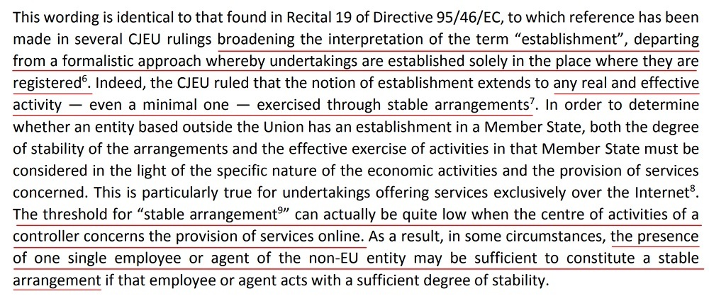 EDPB Guidelines on the Territorial Scope of the GDPR: Recital 19 interpretation of establishment