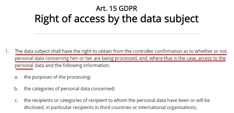 GDRP EU: Article 15 - Right of access by the data subject - Excerpt