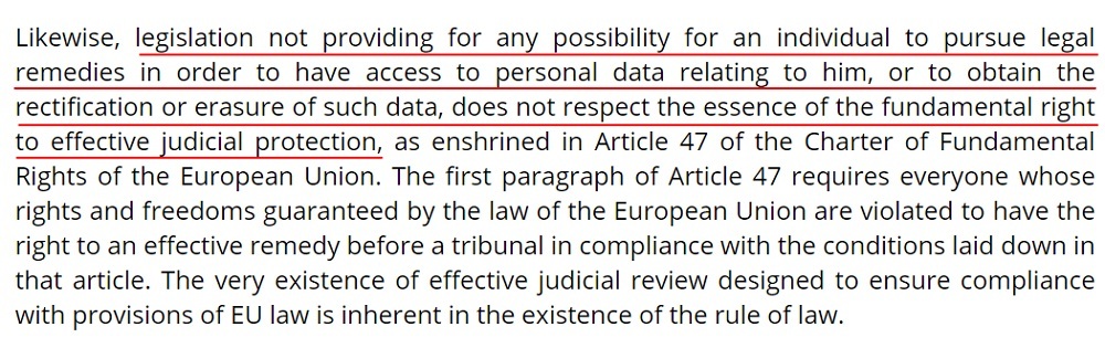 InfoCuria Case-Law: Maximillian Schrems v Data Protection Commissioner - Legislation not providing remedies does not respect fundamental right section