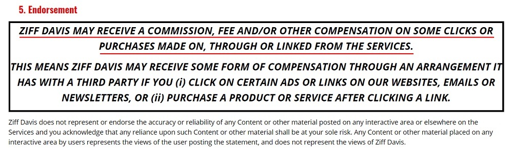 Ziff Davis Terms of Use: Affiliate Endorsement clause