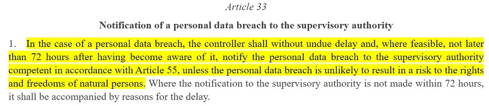 EUR-Lex: GDPR Article 33 section 1 - Notification of a personal data breach to the supervisory authority