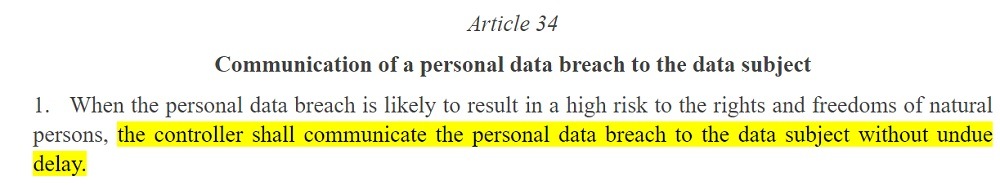 EUR-Lex: GDPR Article 34 section 1 - Communication of a personal data breach to the data subject