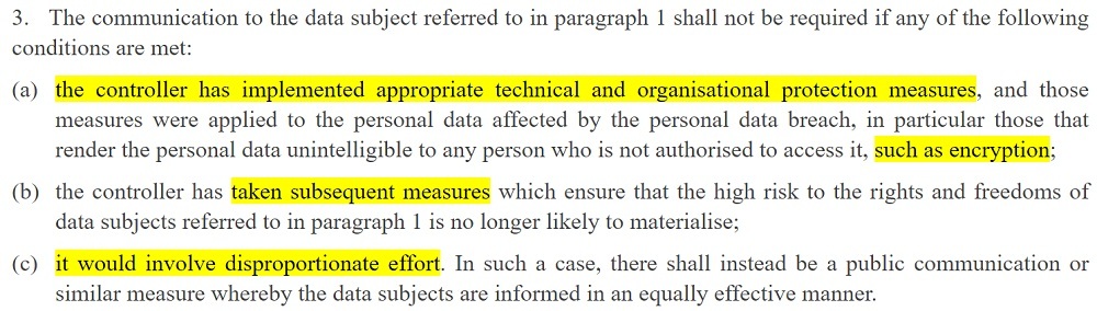 EUR-Lex: GDPR Article 34 section 3 - Communication of a personal data breach to the data subject