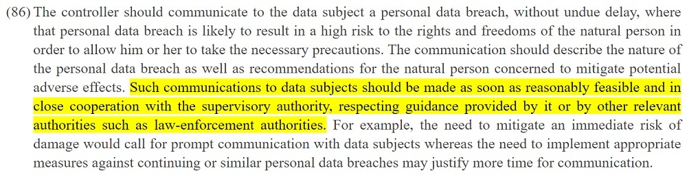 EUR-Lex: GDPR Recital 86: Communications made reasonably feasible section highlighted