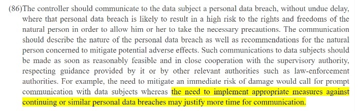 EUR-Lex: GDPR Recital 86: Need to implement appropriate measures section highlighted