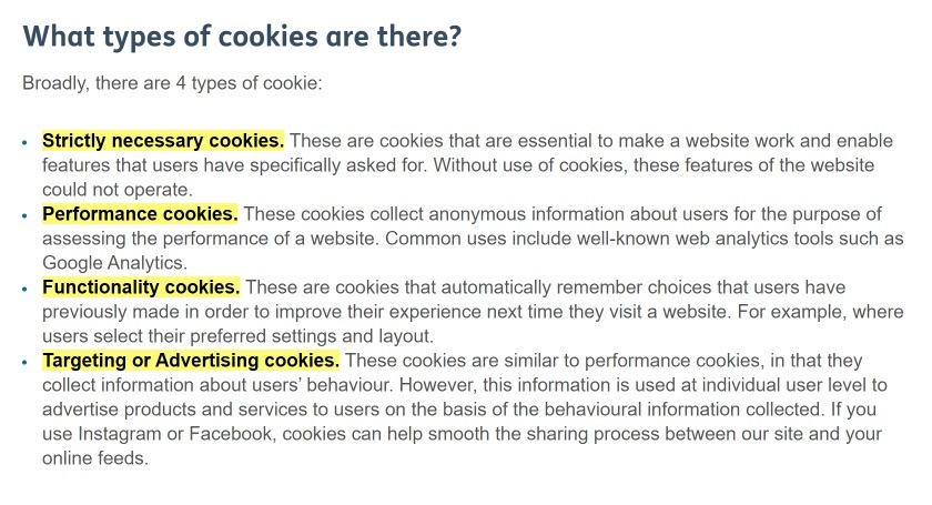 Age UK Cookie Policy: What types of cookies are there clause