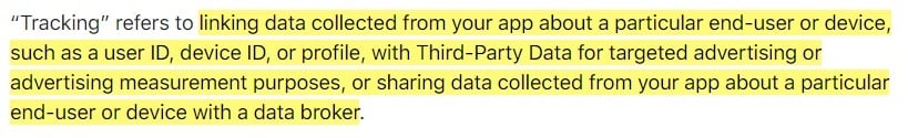 Apple App Privacy Details: Tracking section - Definition of Tracking
