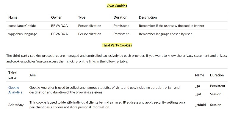 BBVA Cookies Policy: Own Cookies and Third Party Cookies lists