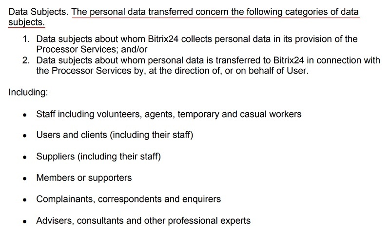 Bitrix24 DPA: Appendix 1 - Subject Matter and Details of the Data Processing Subject Matter - Data Subjects section