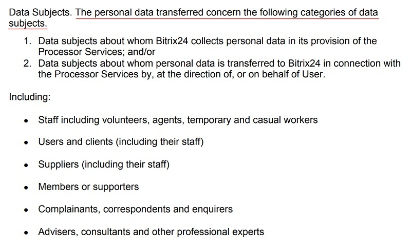 Bitrix24 DPA: Appendix 1 - Subject Matter and Details of the Data Processing Subject Matter - Data Subjects section