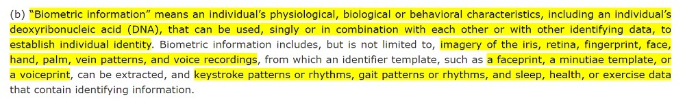 California Legislative Information: CCPA Section 1798 140 b - Definition of biometric information