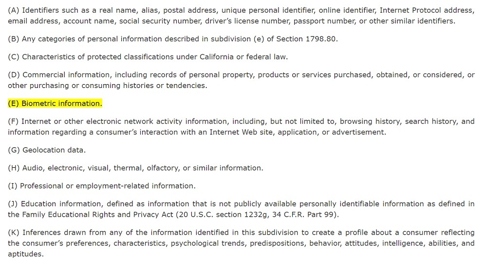 California Legislative Information: CCPA Section 1798 140 o 1 E - Biometric information