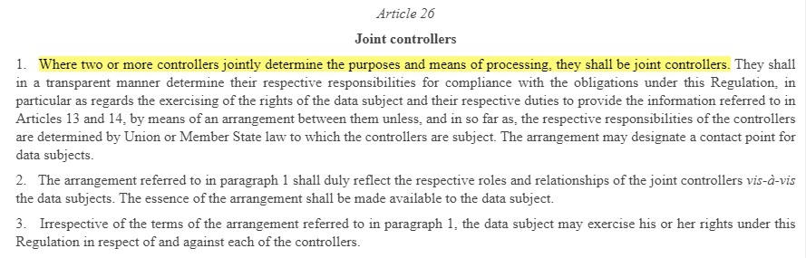 EUR-Lex GDPR Article 26: Joint Controllers