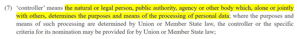 EUR-Lex GDPR Article 4: Definition of Controller