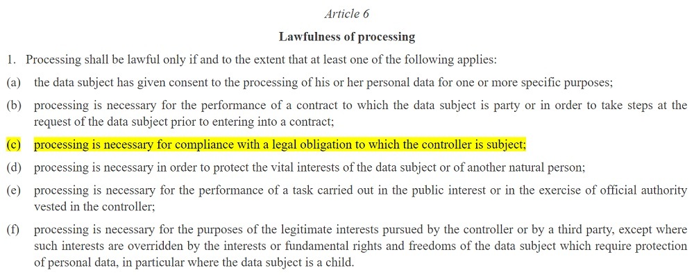 EUR-Lex: GDPR Article 6 - Lawfulness of processing - Legal obligation highlighted