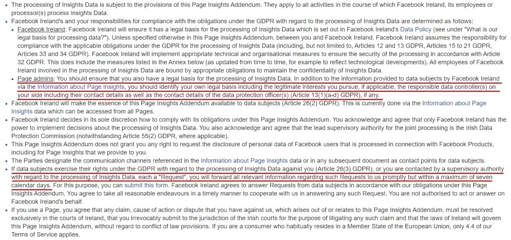 Facebook Page Insights Controller Addendum: Processing, Page admins and data subjects rights sections highlighted