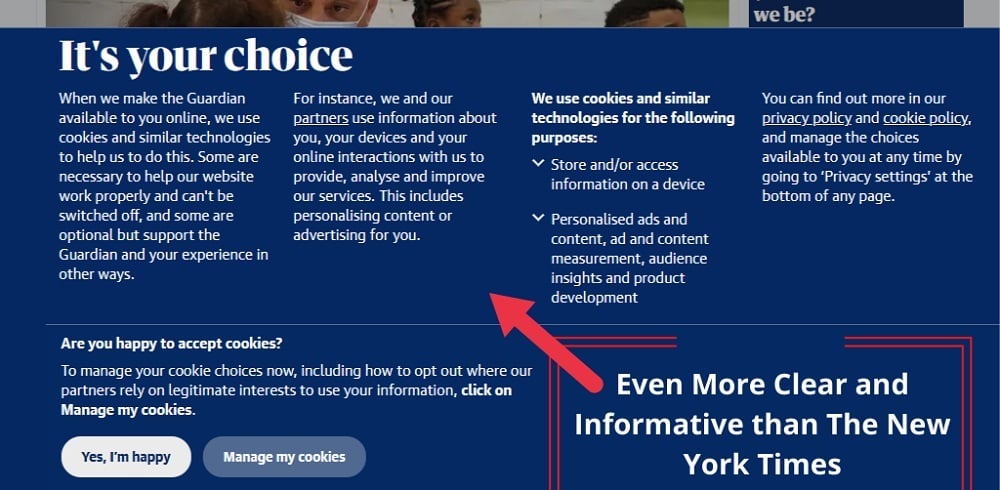 The Guardian Cookie Consent Notice with options to agree and manage cookies