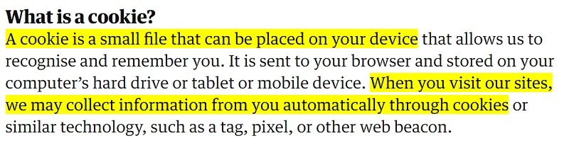 The Guardian Cookie Policy: Definition of a cookie clause